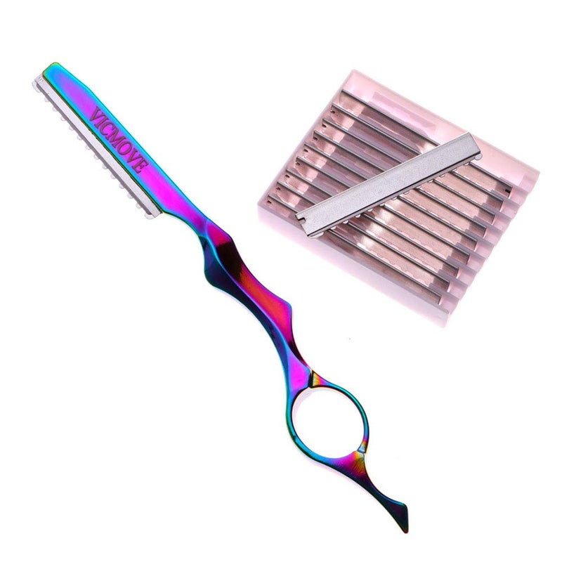 VICMOVE Professional Hair Styling Thinning Texturizing Cutting Feather Razor + 10 Replacement Blades Stainless Steel Rainbow Color - Image 1